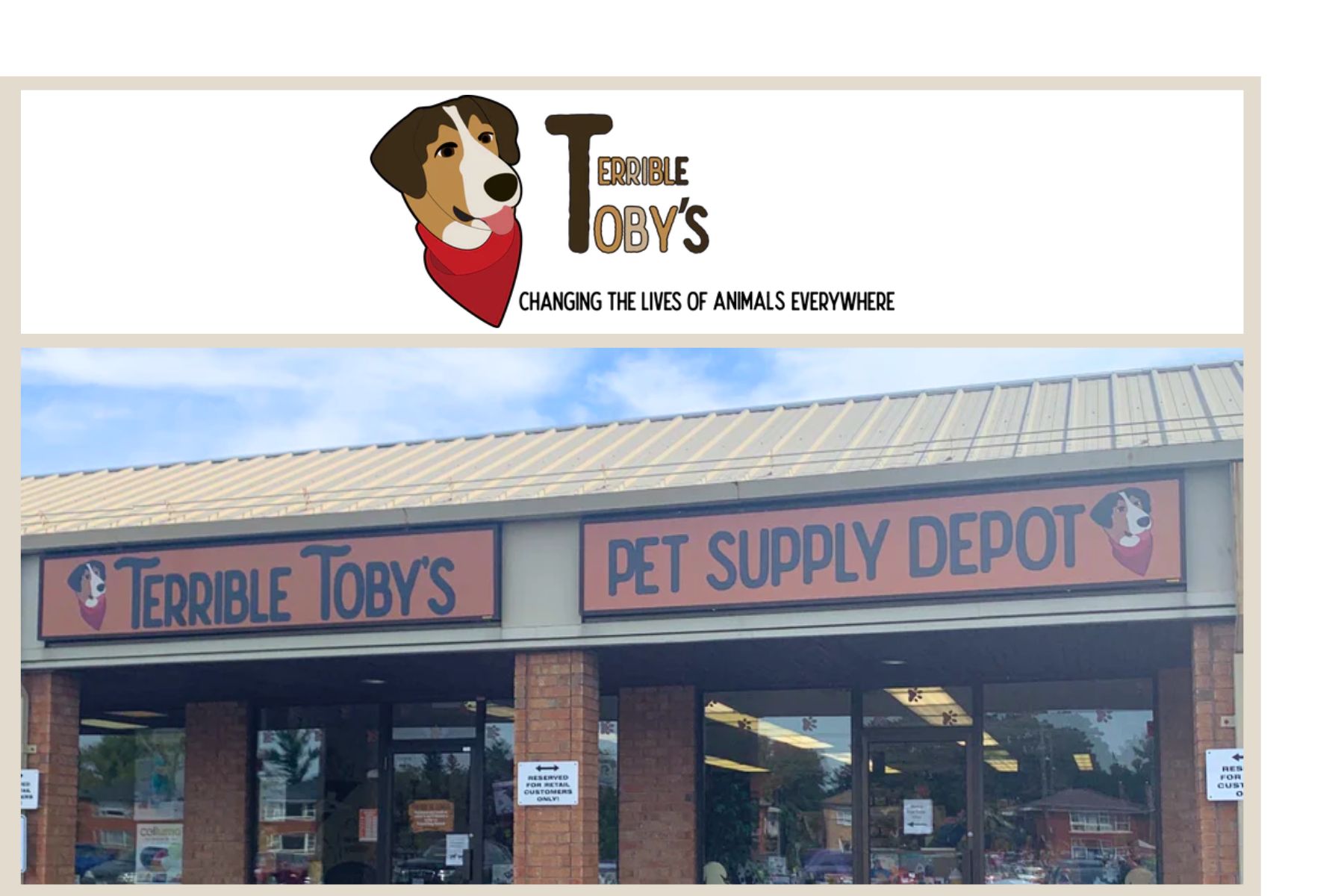 Terrible Toby's Pet Supply Depot logo and store front